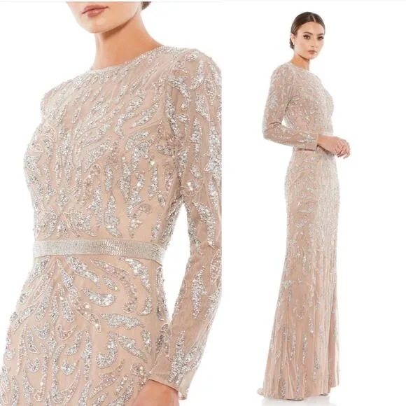 Mac Duggal Beaded Long Sleeve Evening Gown Mocha Size 16 5124 NEW $598
