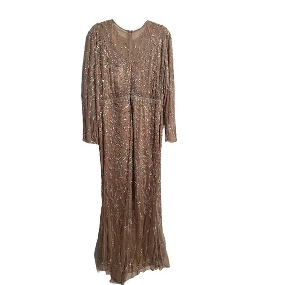 Mac Duggal Beaded Long Sleeve Evening Gown Mocha Size 16 5124 NEW $598