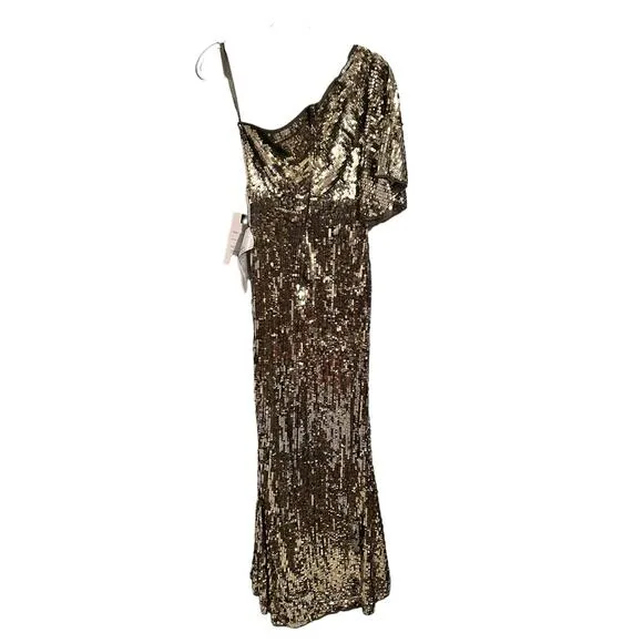 Mac Duggal Embellished Cap Sleeve Cowl Neck Trumpet Gold Gown 93540 Size 2 NEW