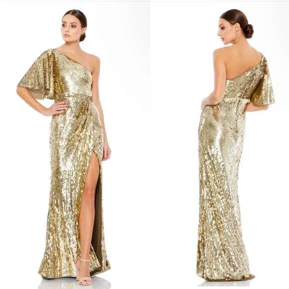 Mac Duggal Embellished Cap Sleeve Cowl Neck Trumpet Gold Gown 93540 Size 2 NEW