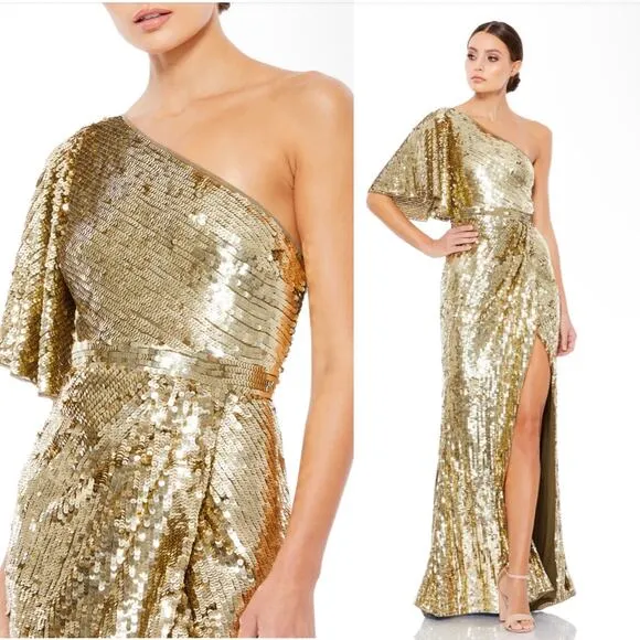 Mac Duggal Embellished Cap Sleeve Cowl Neck Trumpet Gold Gown 93540 Size 2 NEW