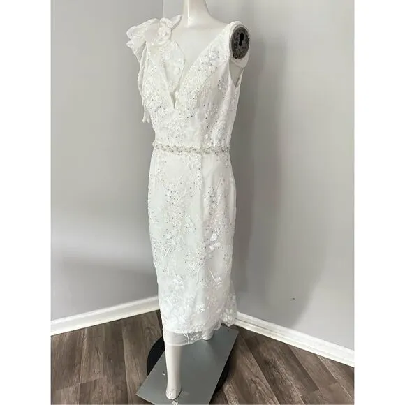 MAC DUGGAL FLORAL EMBELLISHED V-NECK MIDI DRESS WITH SHOULDER BOW