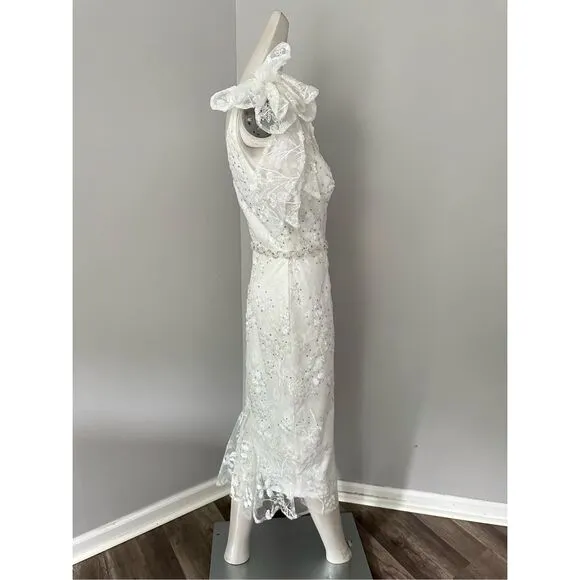 MAC DUGGAL FLORAL EMBELLISHED V-NECK MIDI DRESS WITH SHOULDER BOW