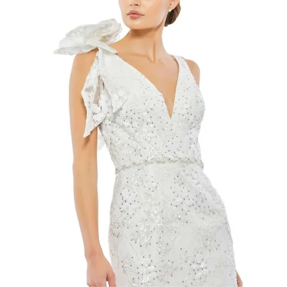 MAC DUGGAL FLORAL EMBELLISHED V-NECK MIDI DRESS WITH SHOULDER BOW