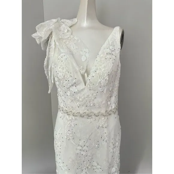 MAC DUGGAL FLORAL EMBELLISHED V-NECK MIDI DRESS WITH SHOULDER BOW