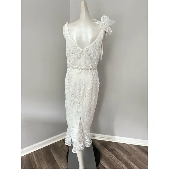 MAC DUGGAL FLORAL EMBELLISHED V-NECK MIDI DRESS WITH SHOULDER BOW