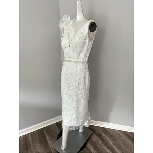 MAC DUGGAL FLORAL EMBELLISHED V-NECK MIDI DRESS WITH SHOULDER BOW