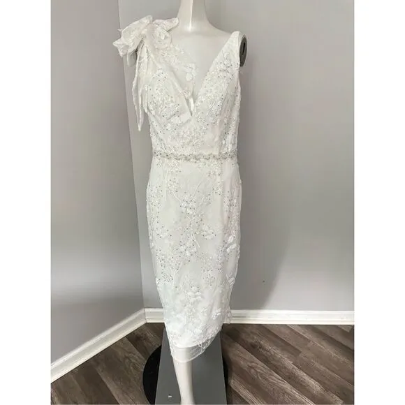 MAC DUGGAL FLORAL EMBELLISHED V-NECK MIDI DRESS WITH SHOULDER BOW