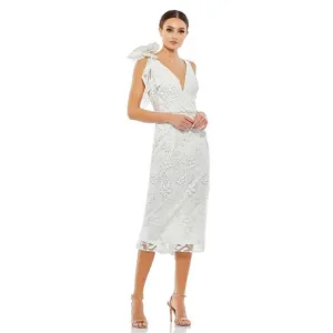 MAC DUGGAL FLORAL EMBELLISHED V-NECK MIDI DRESS WITH SHOULDER BOW