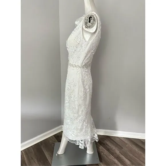 MAC DUGGAL FLORAL EMBELLISHED V-NECK MIDI DRESS WITH SHOULDER BOW