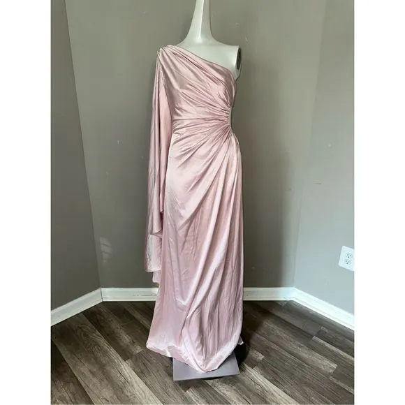 MAC DUGGAL ONE SHOULDER BELL SLEEVE DRAPED GOWN