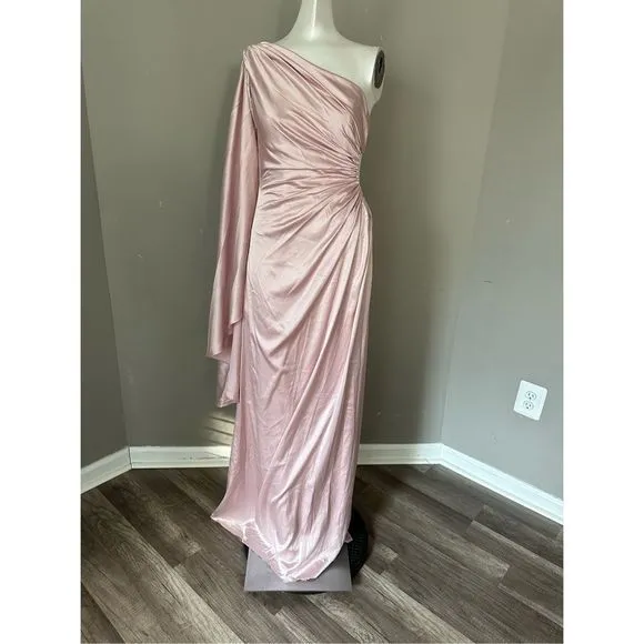MAC DUGGAL ONE SHOULDER BELL SLEEVE DRAPED GOWN