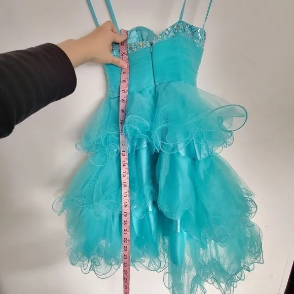MacDuggal Strapless Sweetheart Neckline Aqua Teal Blue Gem Tulle Mini Dress Sz 2