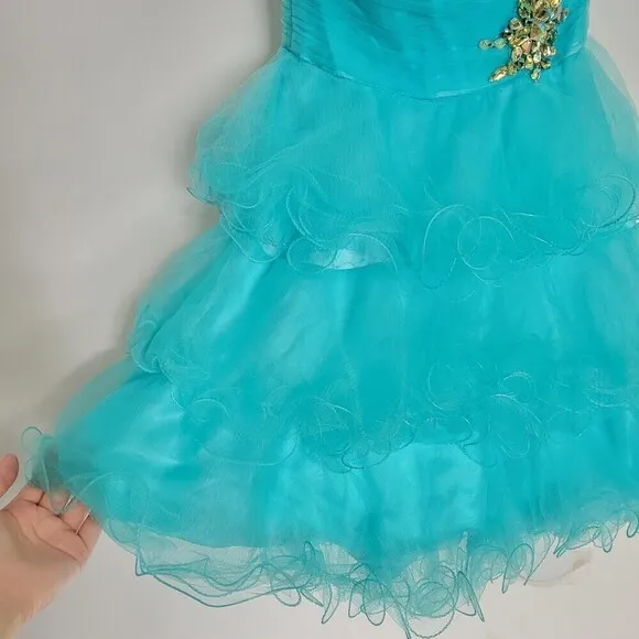 MacDuggal Strapless Sweetheart Neckline Aqua Teal Blue Gem Tulle Mini Dress Sz 2