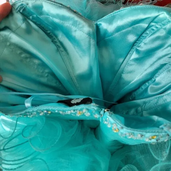 MacDuggal Strapless Sweetheart Neckline Aqua Teal Blue Gem Tulle Mini Dress Sz 2