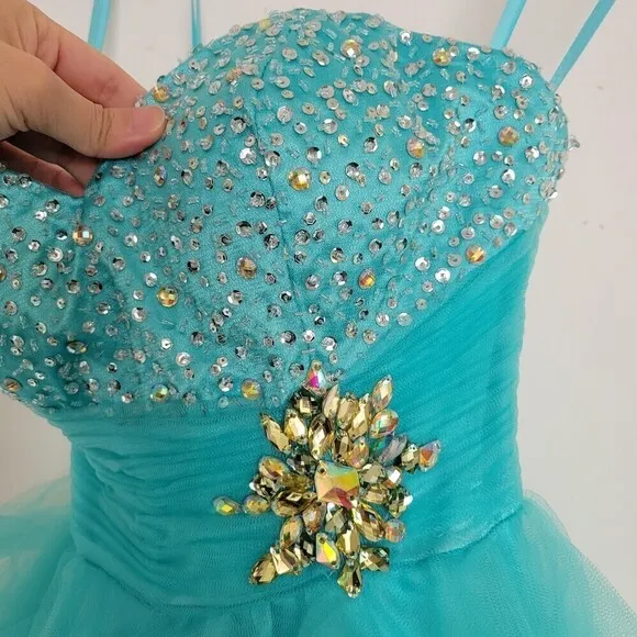 MacDuggal Strapless Sweetheart Neckline Aqua Teal Blue Gem Tulle Mini Dress Sz 2