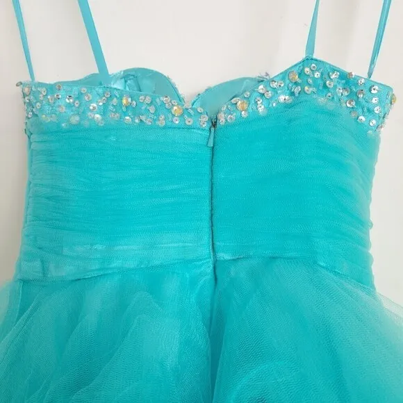 MacDuggal Strapless Sweetheart Neckline Aqua Teal Blue Gem Tulle Mini Dress Sz 2
