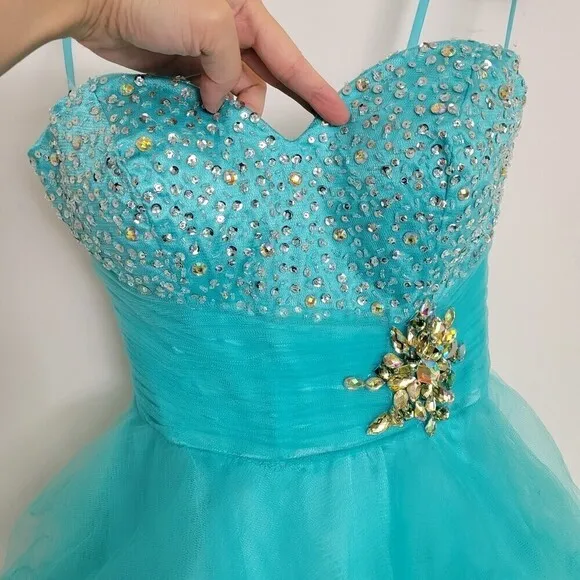 MacDuggal Strapless Sweetheart Neckline Aqua Teal Blue Gem Tulle Mini Dress Sz 2