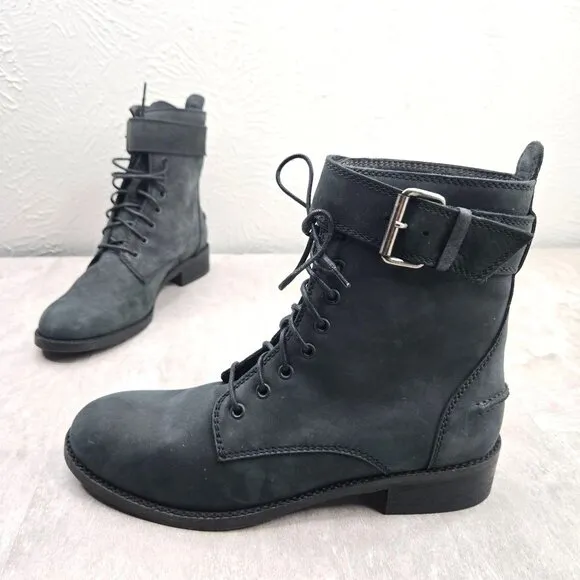 Madewell Lace Up Combat Boots Black Nubuck leather Grunge Hiker Buckle Booties