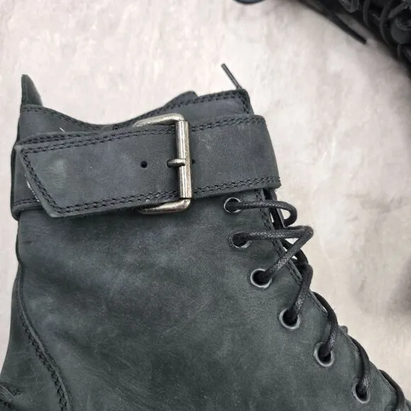 Madewell Lace Up Combat Boots Black Nubuck leather Grunge Hiker Buckle Booties