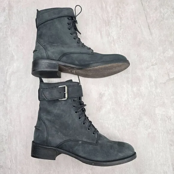 Madewell Lace Up Combat Boots Black Nubuck leather Grunge Hiker Buckle Booties