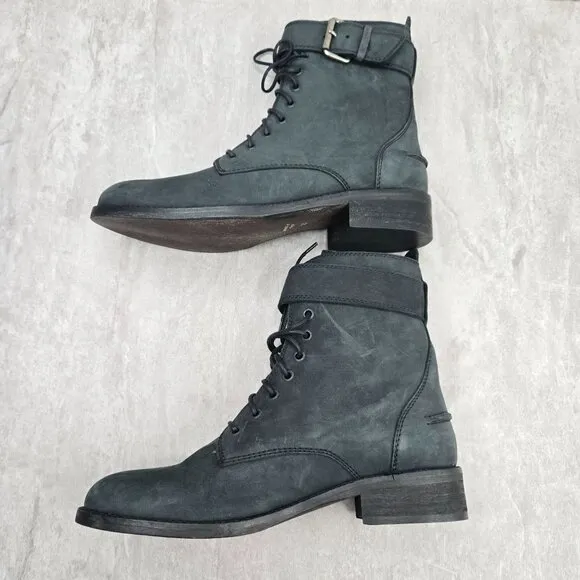 Madewell Lace Up Combat Boots Black Nubuck leather Grunge Hiker Buckle Booties