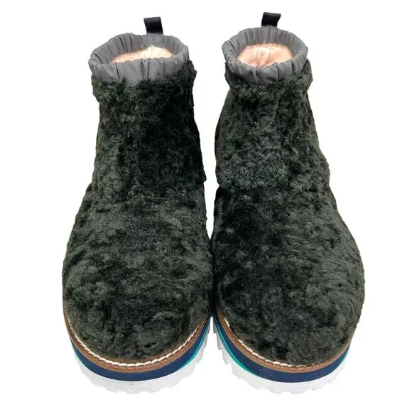 Maison Mangostan Womens‎ Faux Sherpa Ankle Bootie Lug Soles Green Pull Up EUR 36