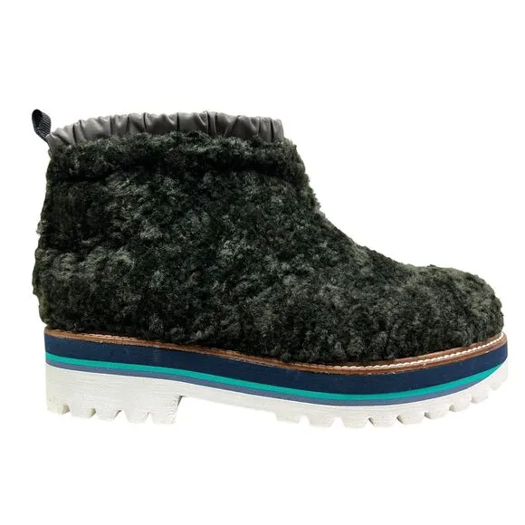 Maison Mangostan Womens‎ Faux Sherpa Ankle Bootie Lug Soles Green Pull Up EUR 36