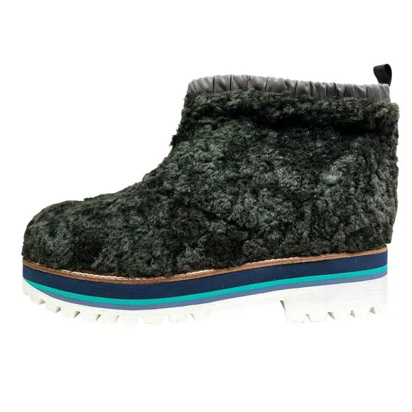 Maison Mangostan Womens‎ Faux Sherpa Ankle Bootie Lug Soles Green Pull Up EUR 36