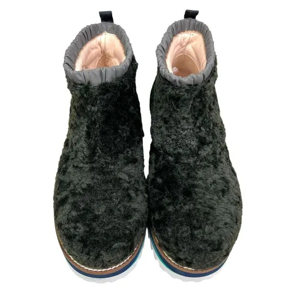 Maison Mangostan Womens‎ Faux Sherpa Ankle Bootie Lug Soles Green Pull Up EUR 36