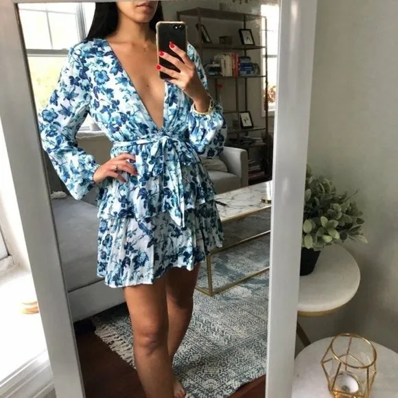 Majorelle Blue Floral Print Balloon Sleeve Plunge Tie Waist Ruffle Mini Dress