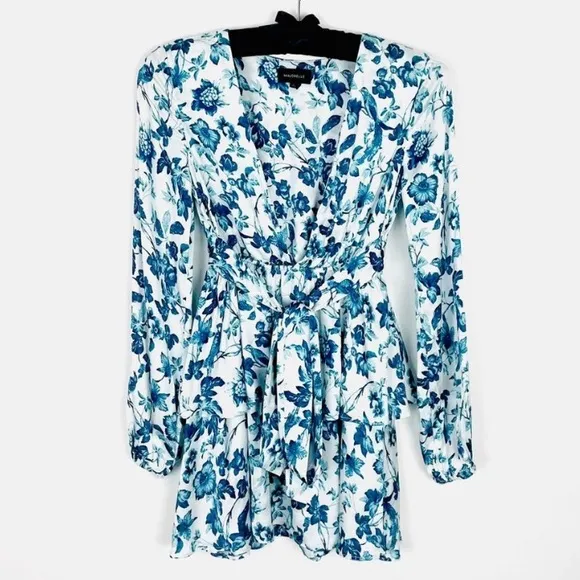 Majorelle Blue Floral Print Balloon Sleeve Plunge Tie Waist Ruffle Mini Dress