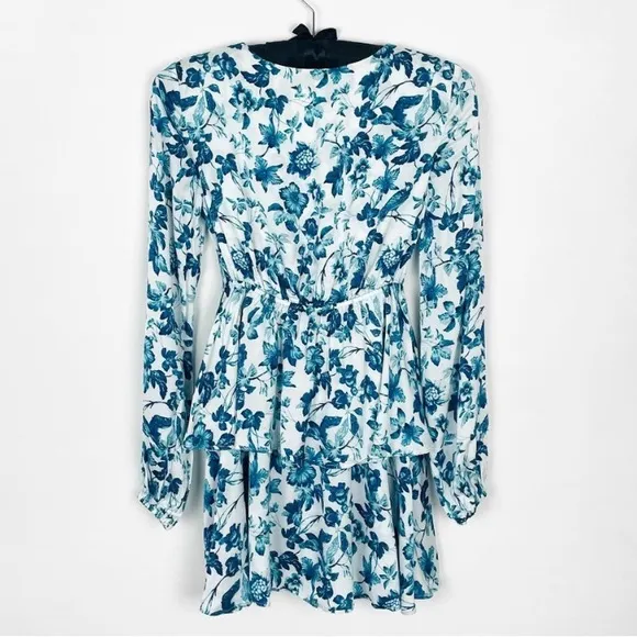 Majorelle Blue Floral Print Balloon Sleeve Plunge Tie Waist Ruffle Mini Dress