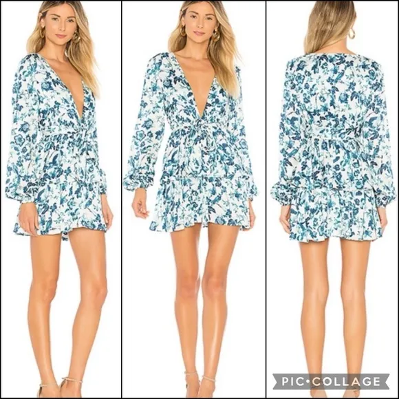Majorelle Blue Floral Print Balloon Sleeve Plunge Tie Waist Ruffle Mini Dress