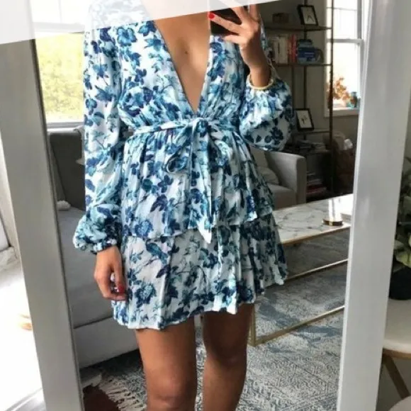 Majorelle Blue Floral Print Balloon Sleeve Plunge Tie Waist Ruffle Mini Dress