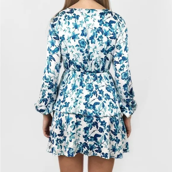 Majorelle Blue Floral Print Balloon Sleeve Plunge Tie Waist Ruffle Mini Dress