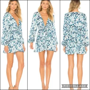 Majorelle Blue Floral Print Balloon Sleeve Plunge Tie Waist Ruffle Mini Dress