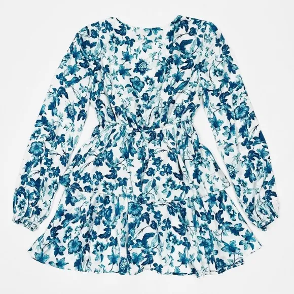 Majorelle Blue Floral Print Balloon Sleeve Plunge Tie Waist Ruffle Mini Dress