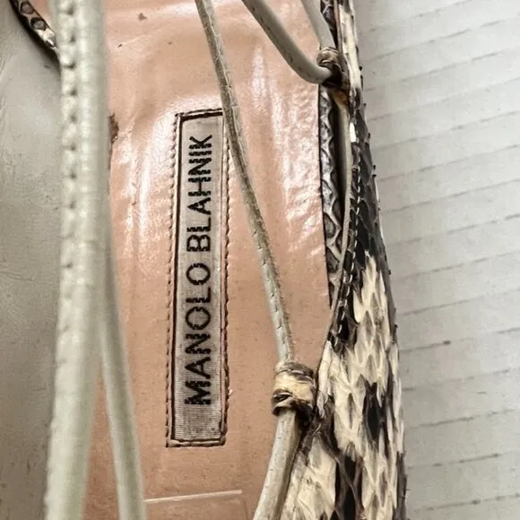 Manolo Blahnik snakeskin ankle lace open toe shoes size 37.5