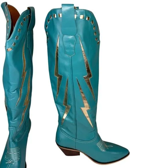 Marfa Boots The Lainey Blue Lightning 3&quot; Heel Discontinued Size 7.5