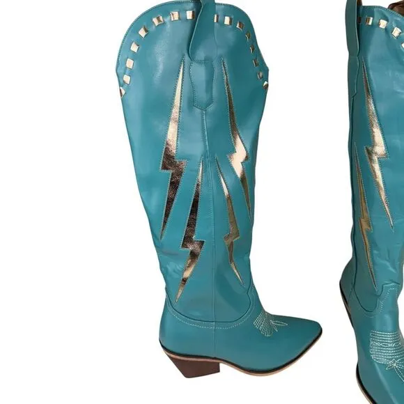 Marfa Boots The Lainey Blue Lightning 3&quot; Heel Discontinued Size 7.5