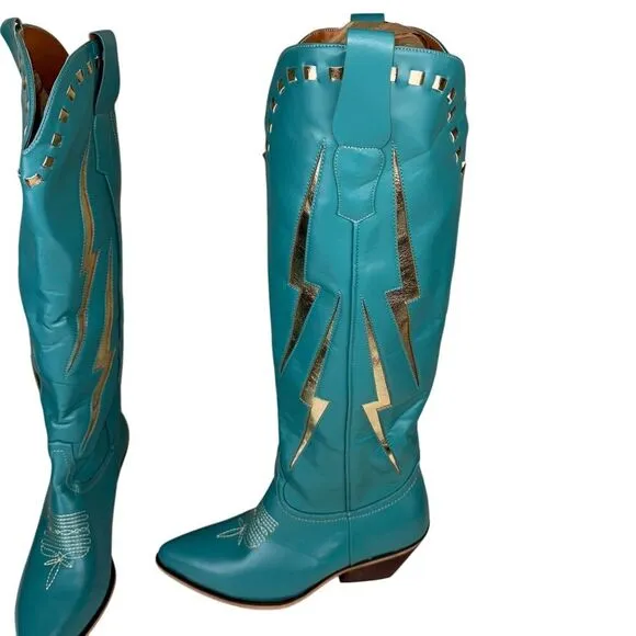 Marfa Boots The Lainey Blue Lightning 3&quot; Heel Discontinued Size 7.5