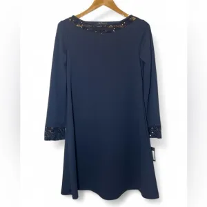 Marina Women 4 Navy Long Sleeve Boat‎ Neck Scuba Crepe Lace Trim Shift Dress