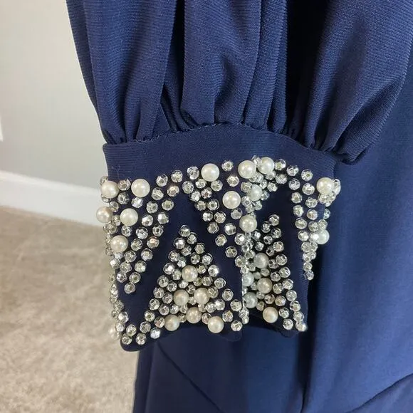 MARINA Women's Cocktail Dress Size 8 Blue Long Sleeve Beaded Cuff Sheath