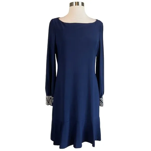MARINA Women's Cocktail Dress Size 8 Blue Long Sleeve Beaded Cuff Sheath
