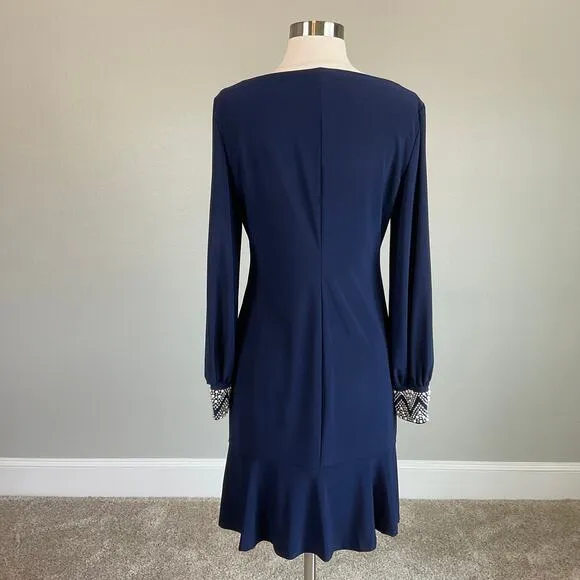 MARINA Women's Cocktail Dress Size 8 Blue Long Sleeve Beaded Cuff Sheath
