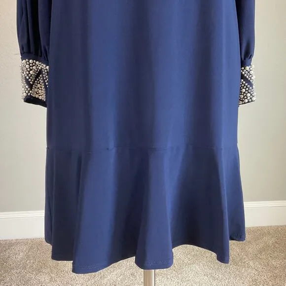 MARINA Women's Cocktail Dress Size 8 Blue Long Sleeve Beaded Cuff Sheath