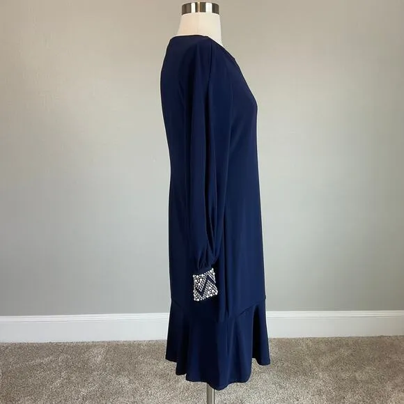 MARINA Women's Cocktail Dress Size 8 Blue Long Sleeve Beaded Cuff Sheath