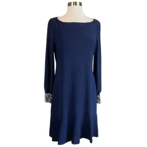 MARINA Women's Cocktail Dress Size 8 Blue Long Sleeve Beaded Cuff Sheath