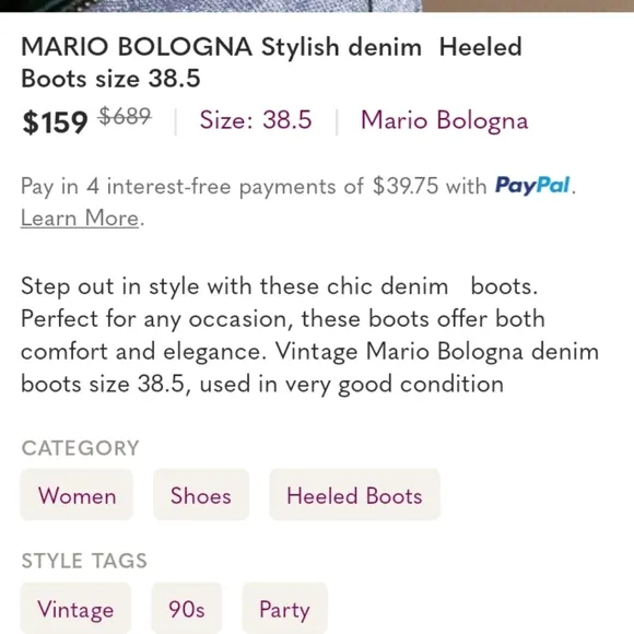 Mario Bologna denim boots size 38.5